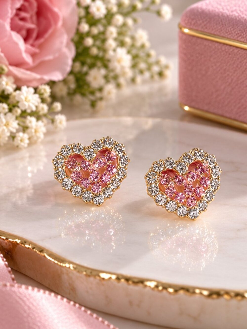 Pink Crystal Heart Stud Earrings Rhinestone Sparkle 0.59” Valentine Jewelry NWT
